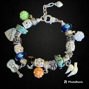 STAINLESS Steel European Lampwork Dog Mom Guitar Charm Bracelet
